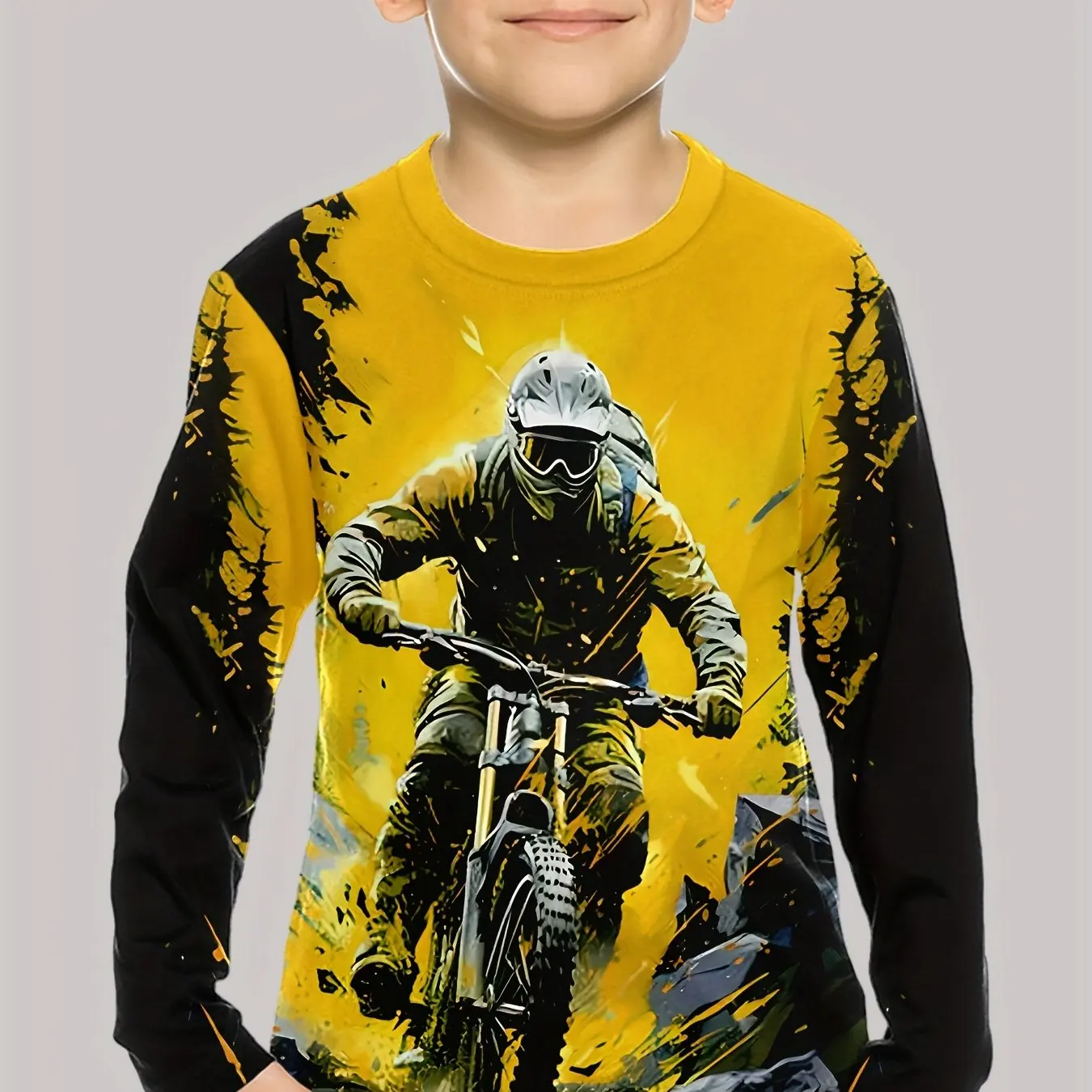 Roupas infantis meninos camiseta manga longa 3d moda bicicleta da sujeira gráfico crianças todas as estações roupas casuais pulôver diário topos