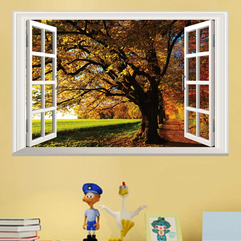 Multiple Styles of Autumn View Mural for Home Decoration Beautify Room Window Art Countryside Field Big Trees Vinyl Wall Sticker