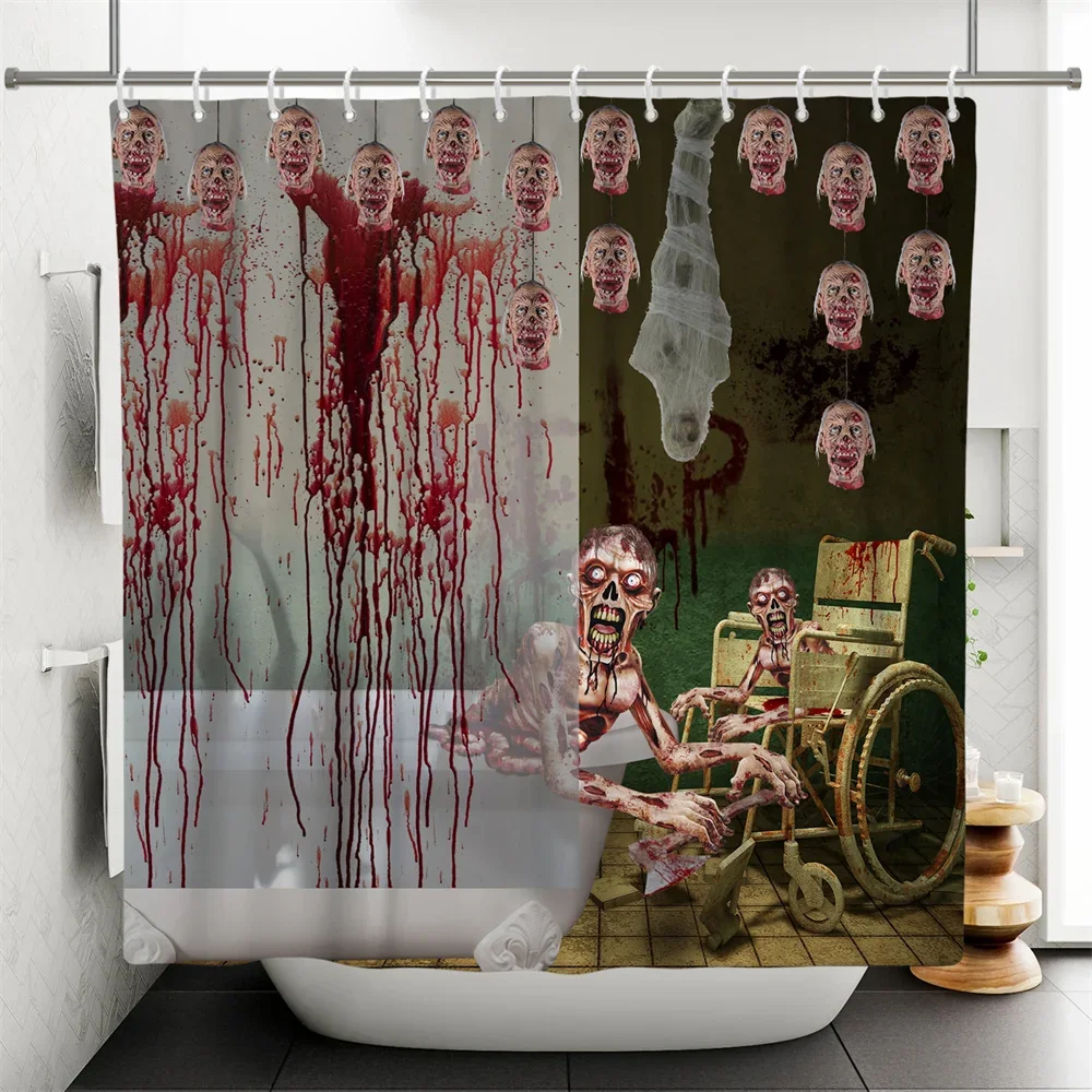 Halloween Zombie Shower Curtain,Scary Dead Woman with A Bloody Tool Evil Fantasy Gothic Mystery Halloween Bathroom Curtain Set