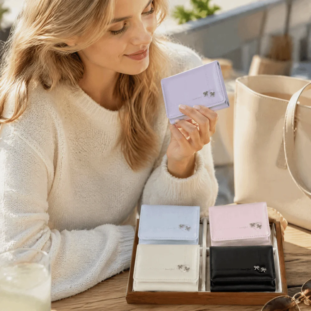 Fashion Large Capacity Love Bow Wallet Foldable PU Leather Tri-fold Short Wallet Compact Multi-card Slot Card Holder Travel