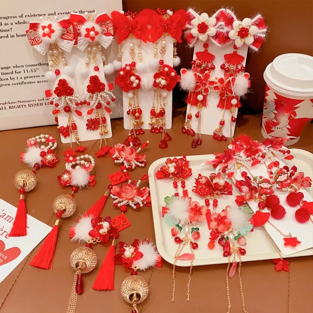 

Универсальная детская красная заколка с кисточками и бантом, тканевый головной убор в китайском Новом году, древний головной убор с бантом, заколка для волос Hanfu для девочек