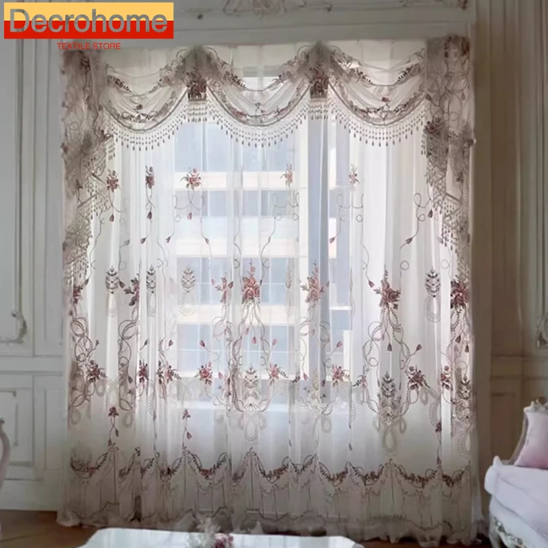 

Rose Embroidery Window Screen White Gauze Lace Curtains for Living Room Bedroom Floor-to-ceiling Window Bay Window Custom Villa