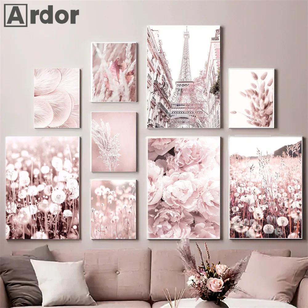 Paris Tower Posters Reed Dandelion Pink Flower Wall Art Canvas Painting Nordic Prints Pictures Mural Painting Living Room Decor