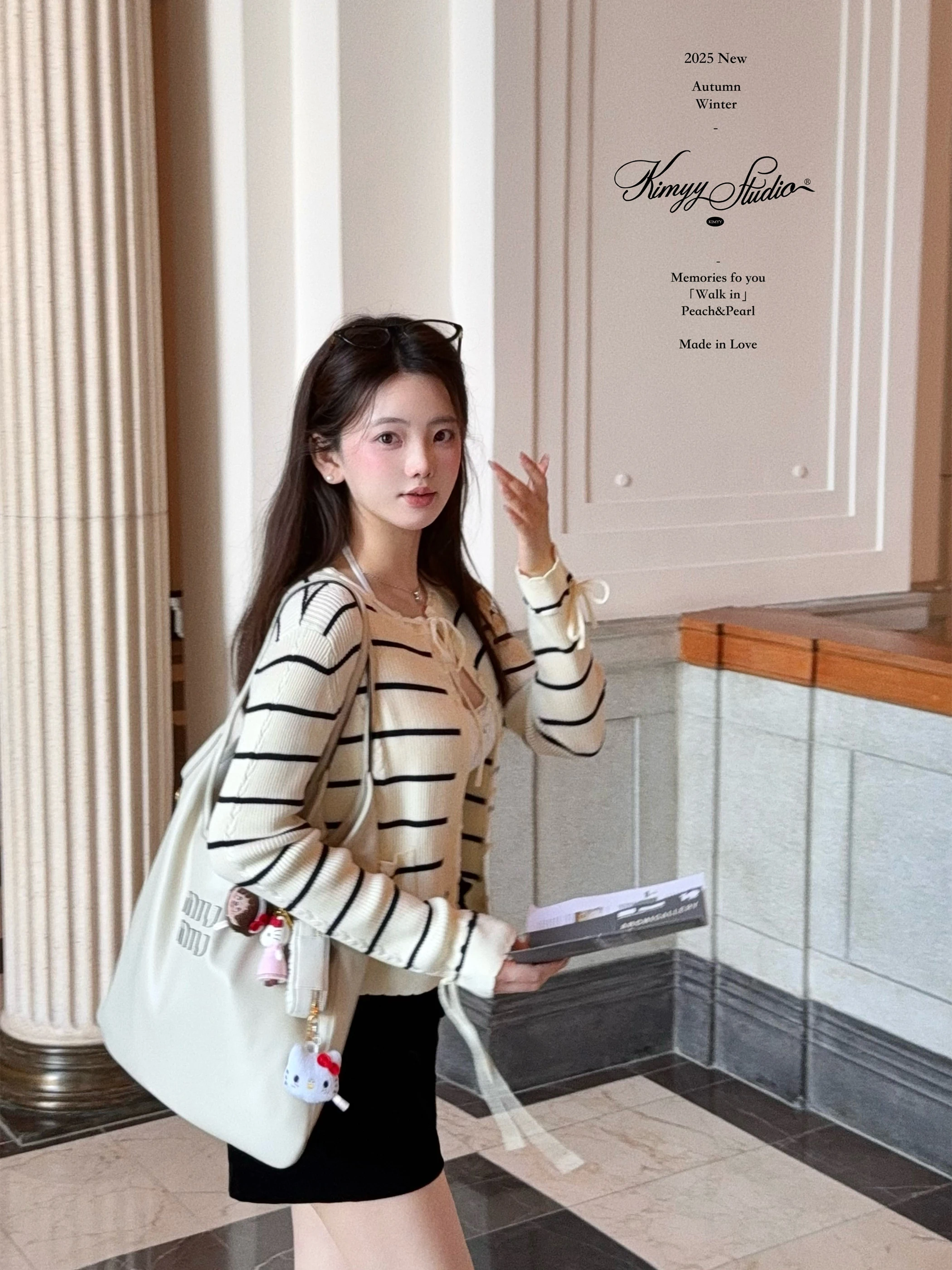 

KIMYY Korean Sle Two-Tone Stripe Open Cardigan Top Casual Fit Long Sve round Ne Polyester Blend Autumn Wear for Women