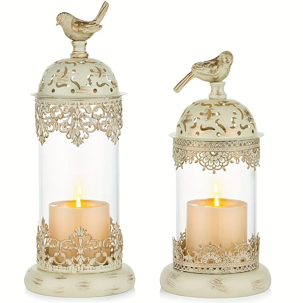 

2pcs/Set Vintage Decorative Candle Holder, Moroccan Wrought Iron Hurricane Candle Holder, Beige Ornate Centerpiece
