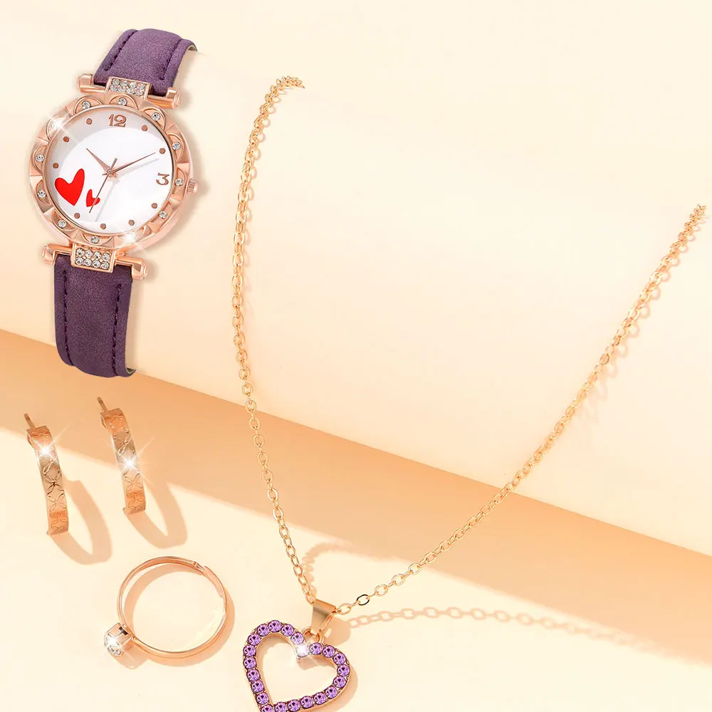 5 PCS Quartz Watch Set Purple PU Imitation Leather Strap Watch Heart Fashion Versatile Alloy Accessory Set