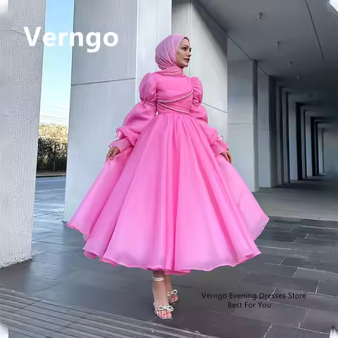 Verngo Pink Organza Prom Gowns For Women High Neck Full Sleeves Evening Dress Saudi Arabic Dress For Formal Occasion