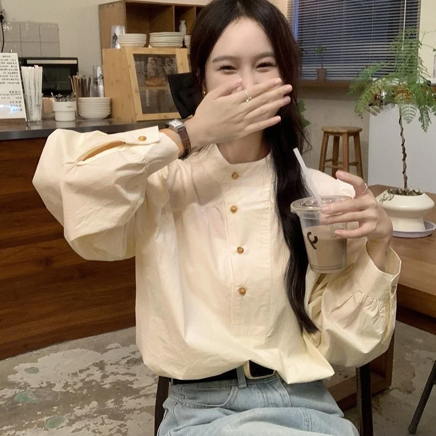 

Long Sleeve Shirts Womens Chiffon Ruffled Button Down Tops Slim Fit Preppy Feminine Retro College Style Lantern Sleeves Youth