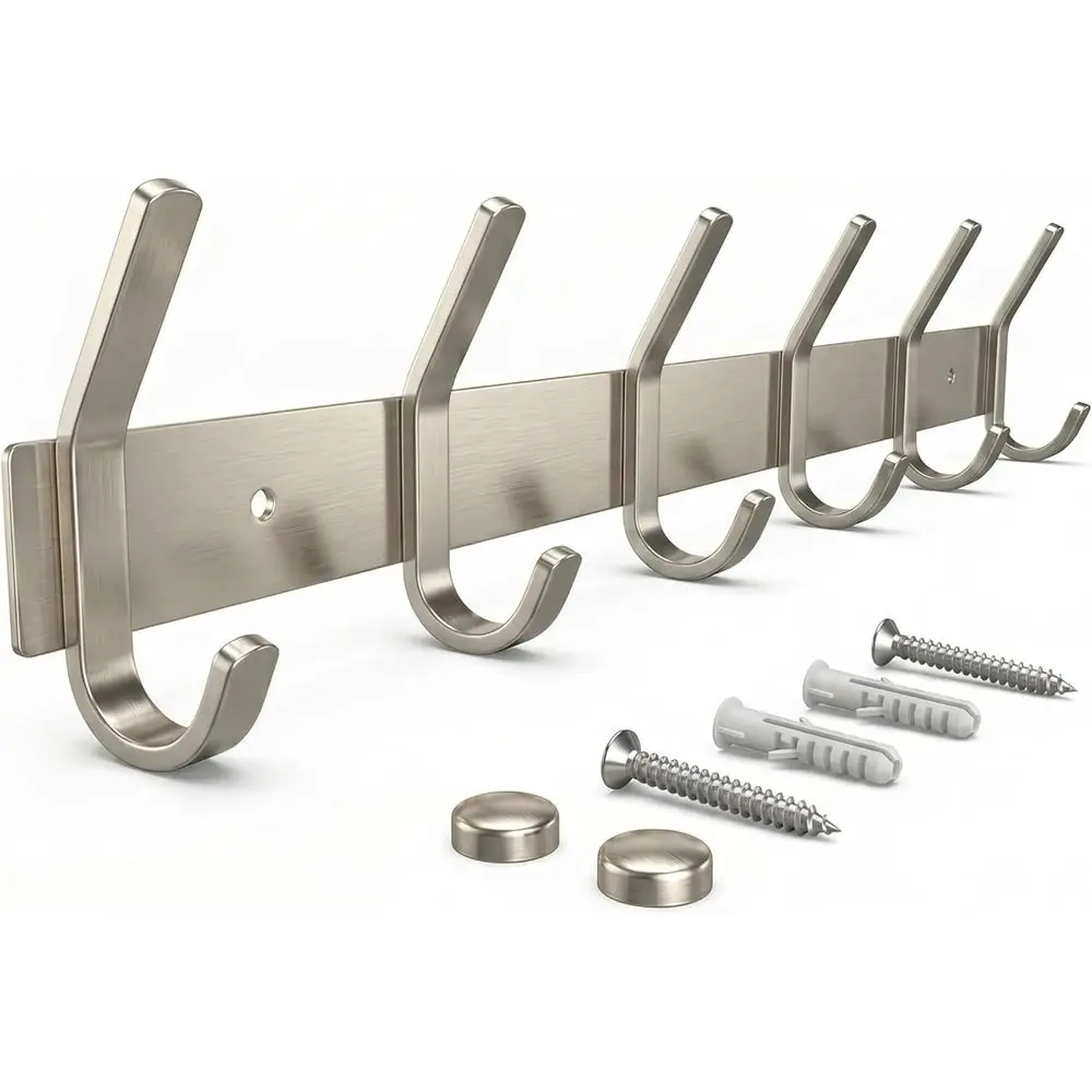 Wall Mount Brushed Nickel 17 Inch Stainless Steel Hook Rail with 6 Heavy Duty Double Coat Hooks - Wall Mounted Coat Hanger for E