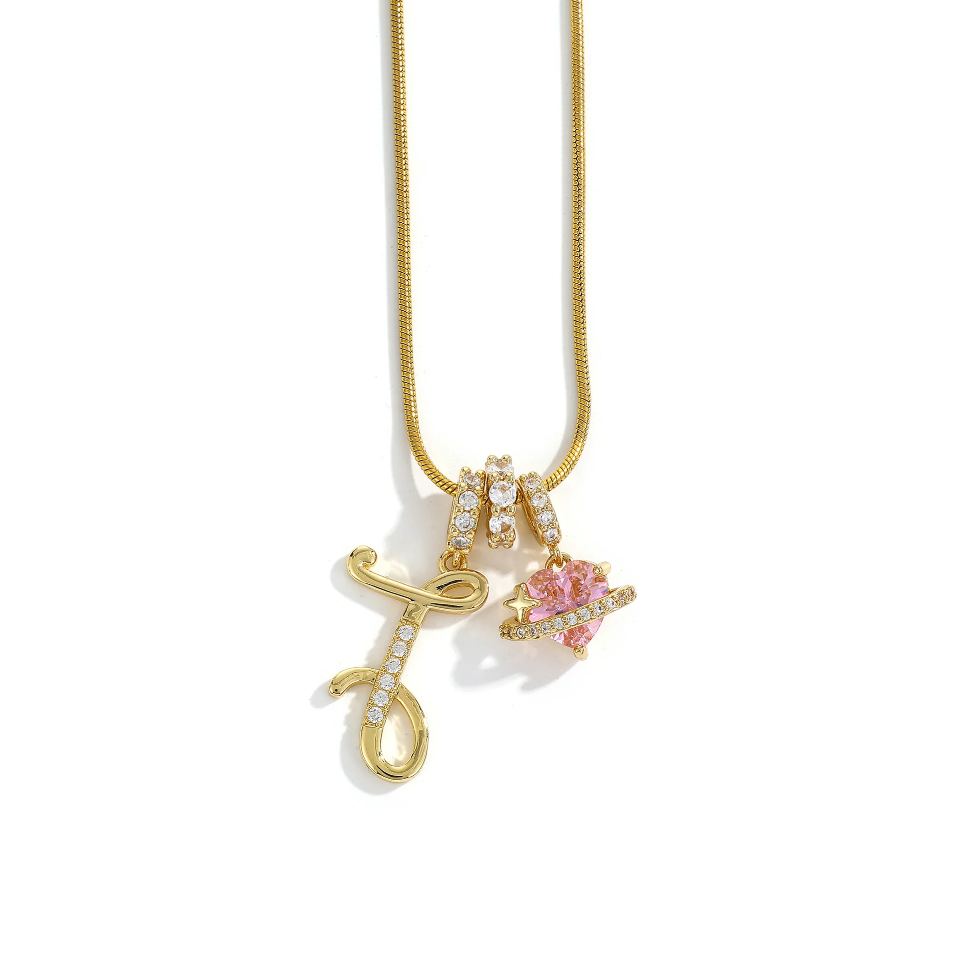 Women's A-Z Initial Letter Pendant Necklace Snake Chain Initial Alphabet CZ Pink Heart Necklace Adjustable Size Hypoallergenic