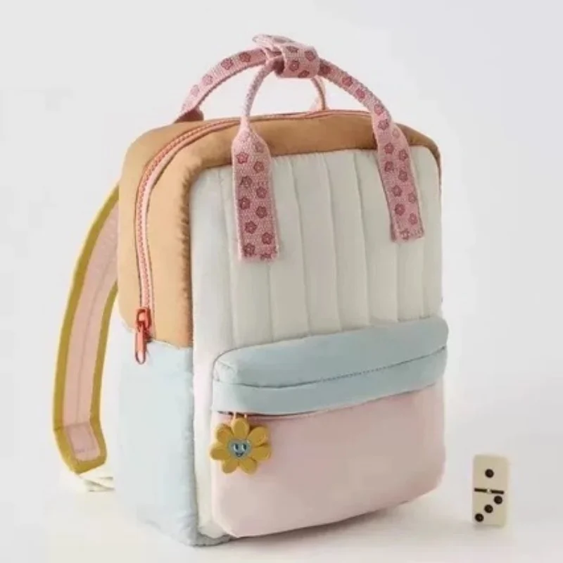 Customized Children's Embroidery Backpack For Shopping, Cute And Playful Sunflower hanging Accessories, Color Blocked Backpack