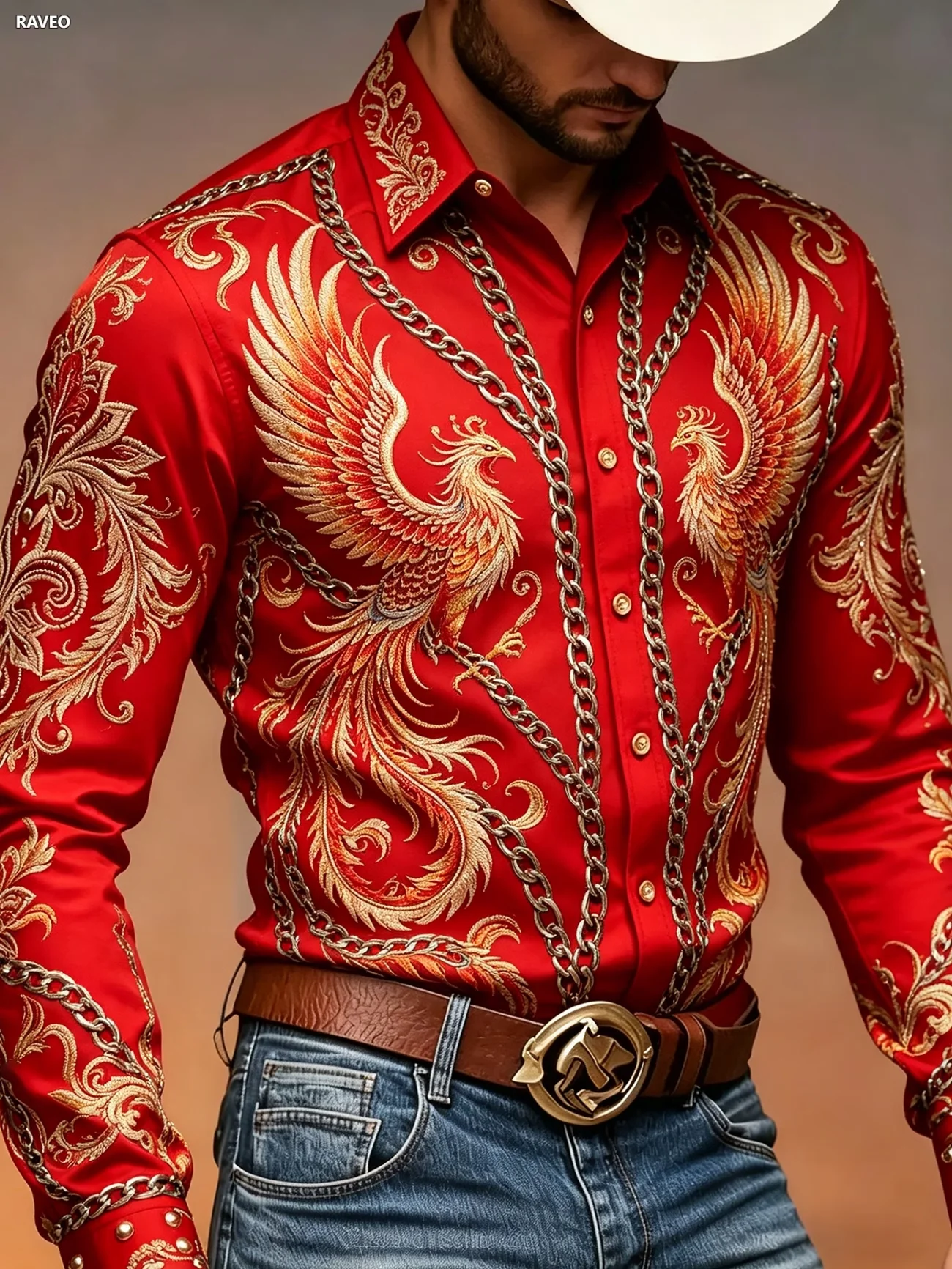 New retro vacation men's top, orange and white vine vine flower geometric diamond shaped slim fit long sleeved shirt