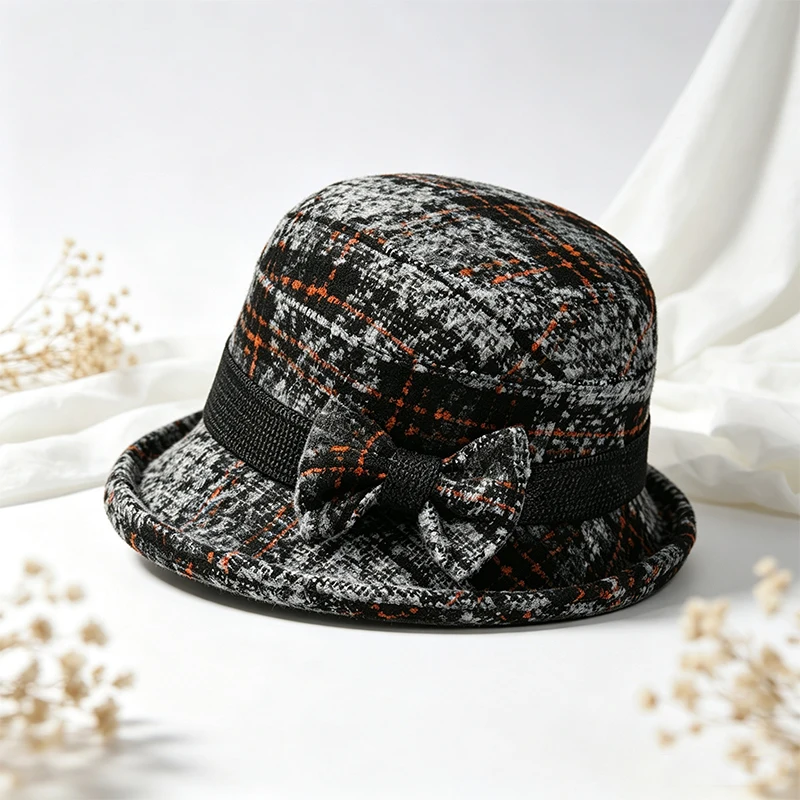 Women Vintage Plaid Fisherman Hat Bucket Hat with Bow Autumn Winter Warm Hat Elegant Short Brim Cap for Daily Party Outdoor