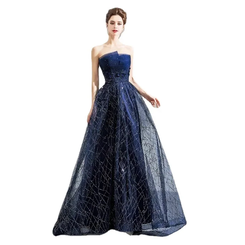 One Shoulder Slim Fit Satin Dress with Fish Tail for Travel Photography, High-end Temperament, Long Sleeved Bridal Toast Dress