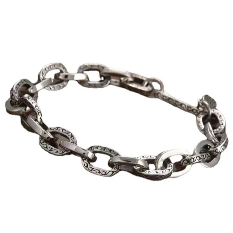 New S925 silver personality Tang grass bracelet men's hip hop fashion retro niche bracelet gift