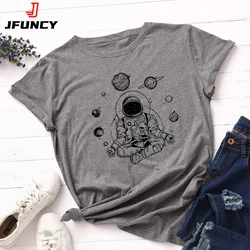 JFUNCY Summer Women T-shirt Creative Space Astronaut Print Short Sleeve Tops 100% Cotton Woman Tshirt  Loose Female Tees