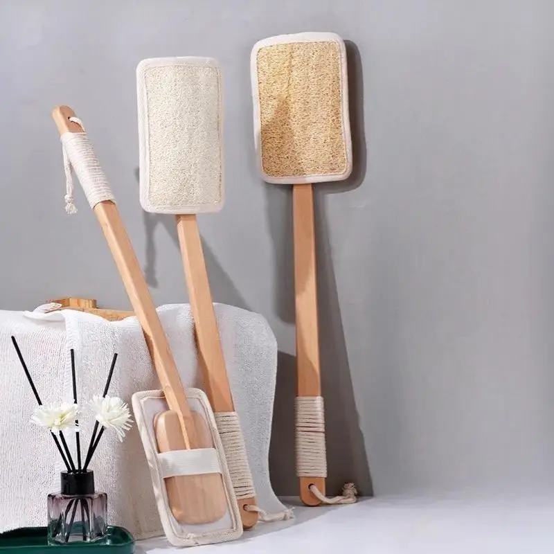 Natural Loofah Exfoliating Bath Brush Long Detachable Wood Handle Back Scrubber for Deep Body Cleansing
