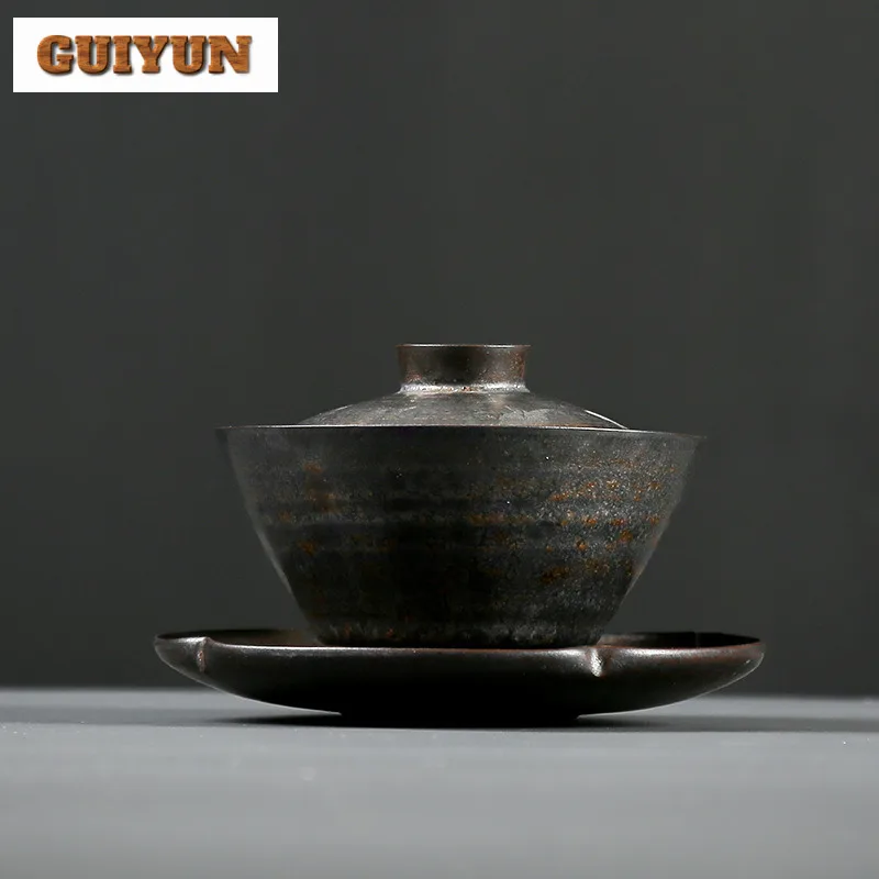 150ml Handmade Gold-plated Gaiwan Traditional Iron Glazed Coarse Tea Tureen Tea Maker Cover Bowl Teaware Accessories Decoration