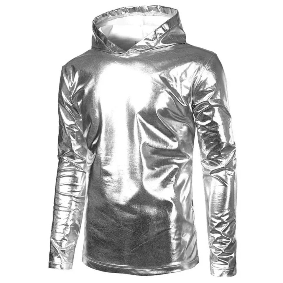 Mens Shiny Glossy Hoodie Disco Dance Stage Performance Costume Nightclub Hooded Sweatshirt For Carnival Festival Party Clubwear