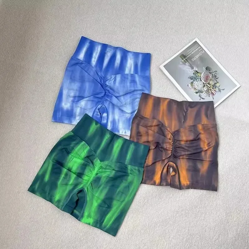 Modne spodenki fitness Tie Dye damskie wysokiej talii elastyczne legginsy trening bieganie Push Up Butt spodenki fitness do jogi