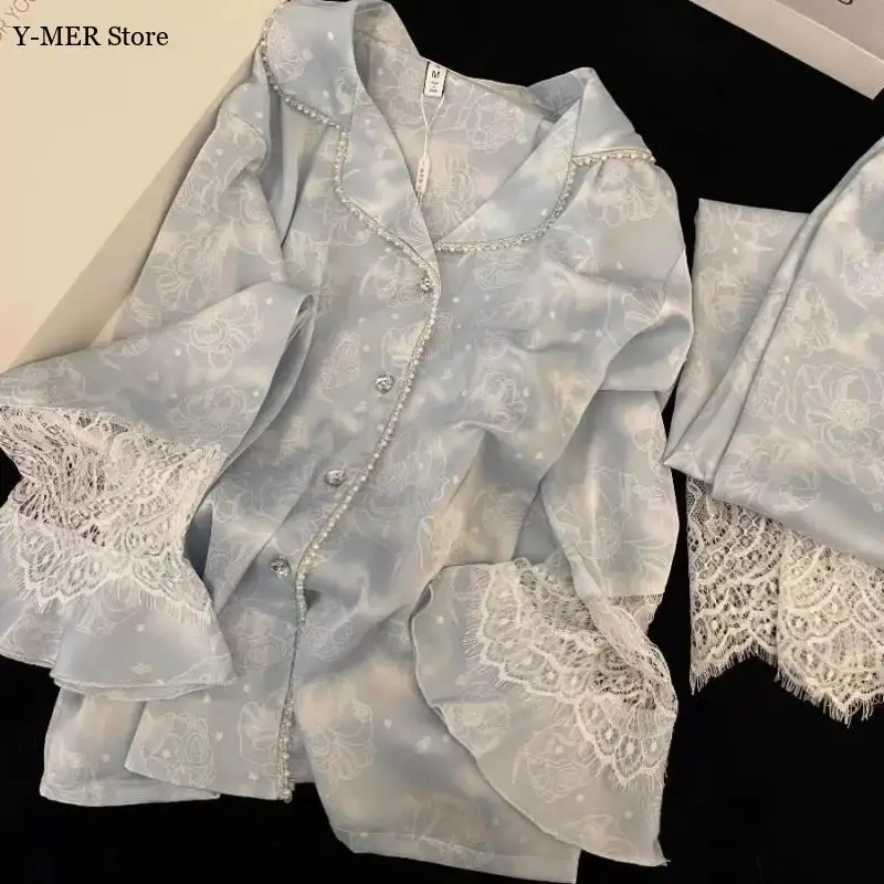 

Luxury Lace Patchwork Pijama Mujer Nightgown Women Print Sleepwear Top Pants 2Pcs Nightwear Summer New Rayon Pyjamas Femme