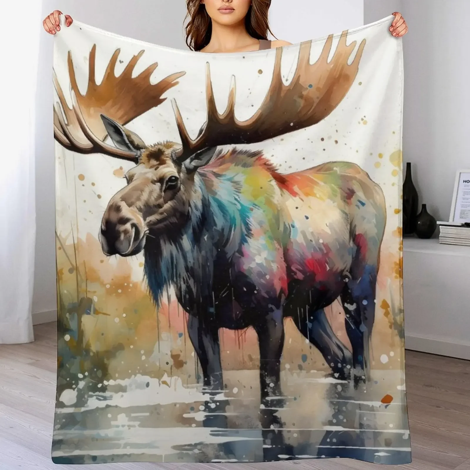 

Watercolor Moose Serenity Throw Blanket Men's Soft Warm Throw Blanket for Couch