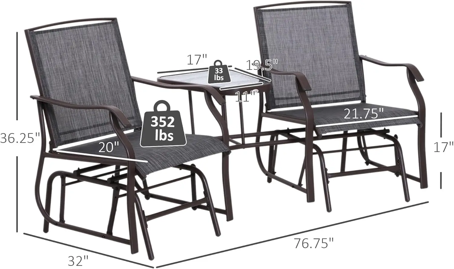 Chaises d'extérieur avec table basse, chaise à bascule, siège causeuse avec écharpe respirante, pour jardin et arrière-cour, 2 places