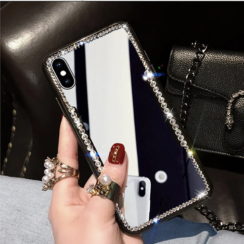 Net Hot New Mirror Rhinestone Makeup Female Case For iPhone 15 14 13 12 11 Pro Max 8 7 6 Plus 12 Mini X XR Xs Max Soft Shell