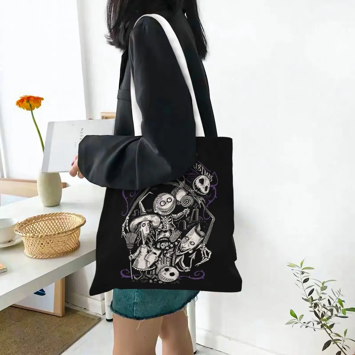 Custom The Nightmare Before Christmas Groceries Shopping Tote Bags Women Custom Tim Burton Canvas Shopper Shoulder Bag Handbag