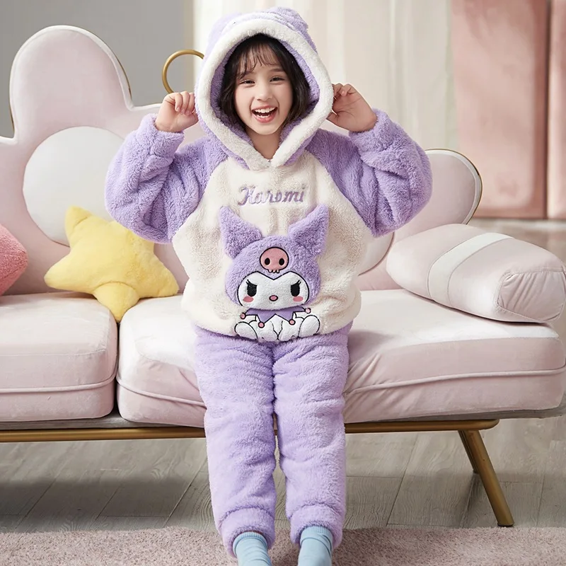 2023 Winter Kawaii Sanrios Children Flannel Pajamas Anime Cinnamoroll Kuromi Kids Sleepwear Autumn Plush Girl Homewear Xmas Gift