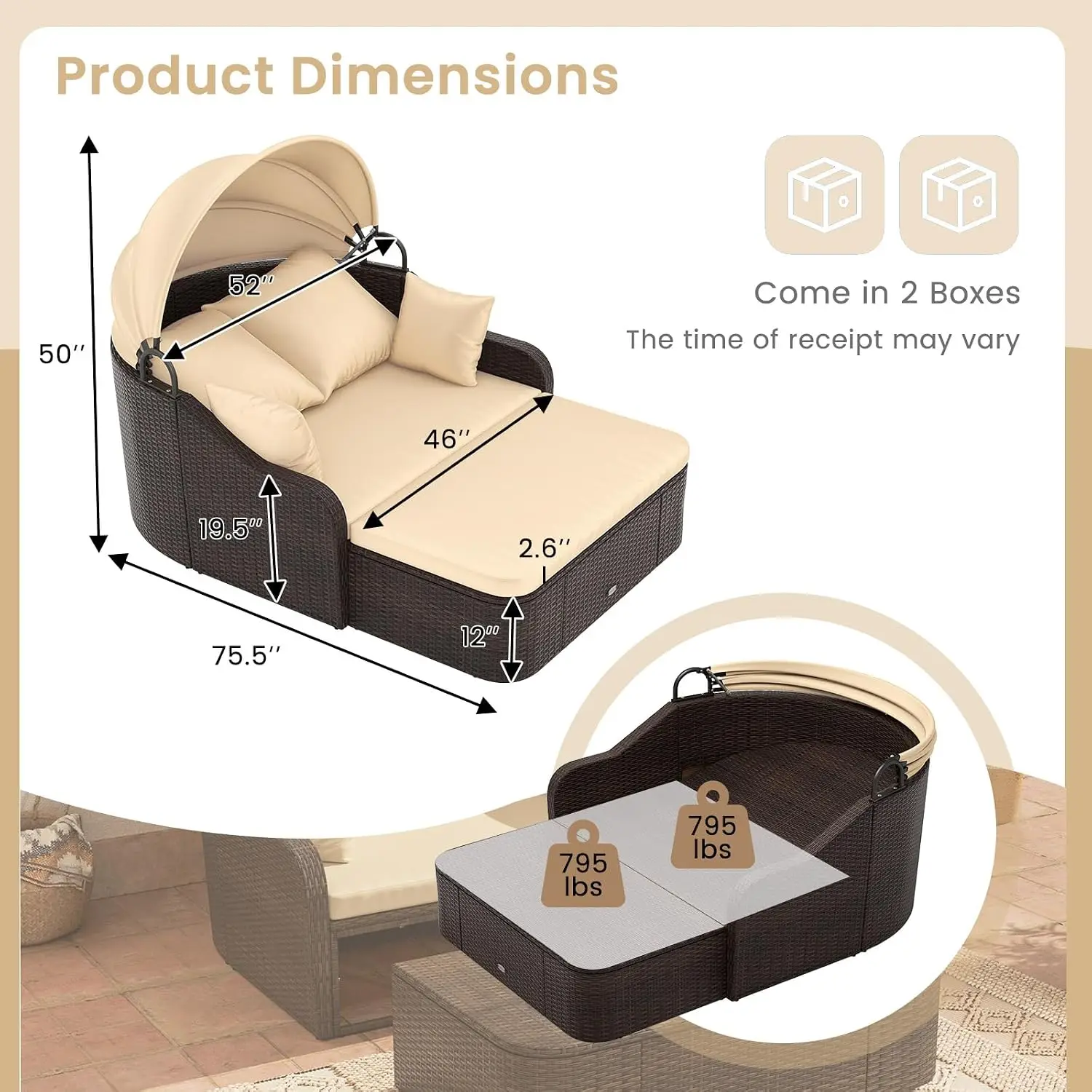 Moccha Outdoor Daybed with Retractable Canopy - PE Rattan Double Chaise Lounge w/ Soft Cushions, Pillows, Ottoman
