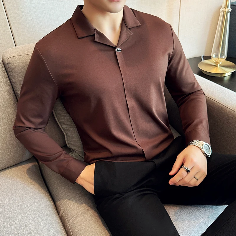 High Elasticity Men Polo Shirt 2024 New British Style Thin Lapel Collar Solid Casual Slim Fit Long Sleeves T-shirt Men Clothing