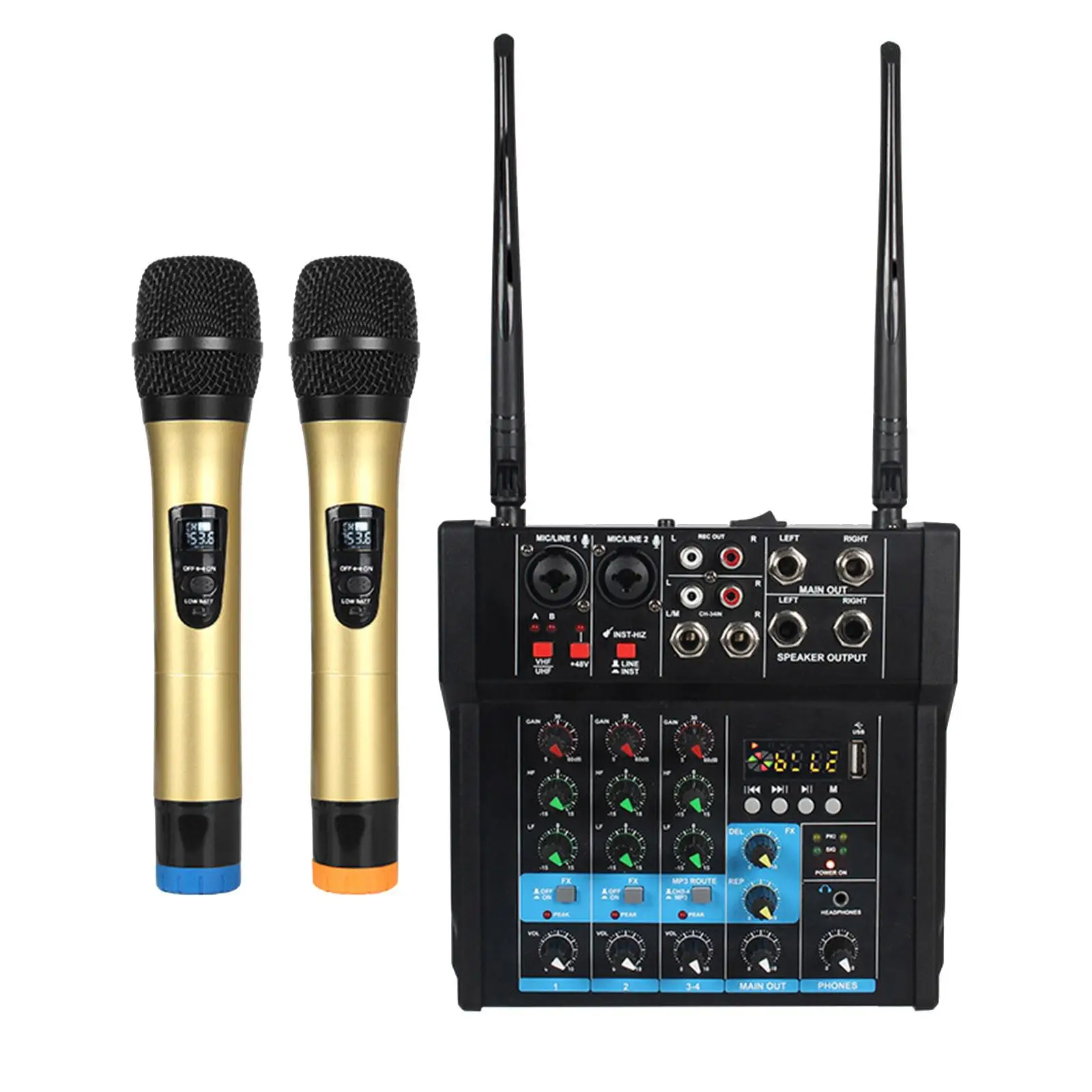 Audio Mixer Amplifier with Wireless Mic Professional DJ Mixer for Computer Recording Live Streaming Karaoke Party