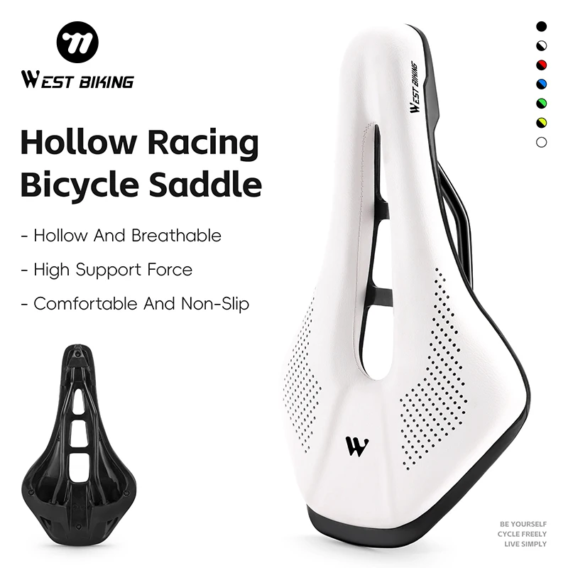 WEST BIKING Ultra-Light Bicycle Seat Cushion Breathable Waterproof PU Racing Saddle with Hollow Aerodynamic Design for MTB Bike