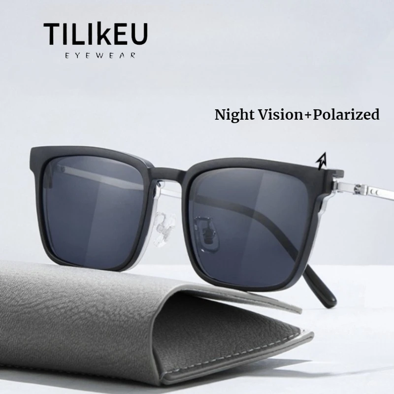 

Оправа из чистого титана, мужские очки с магнитной клипсой, двусторонняя оправа для вождения, поляризационные солнцезащитные очки ночного видения UV400, квадратные оттенки