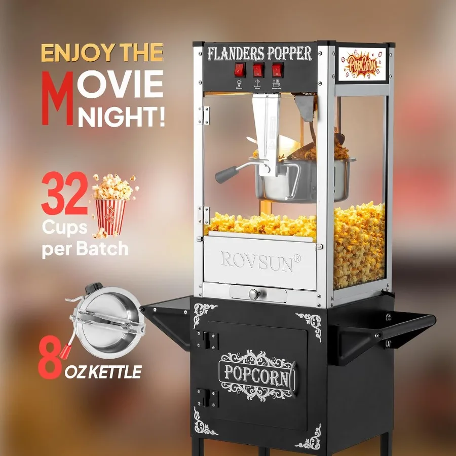 ماكينة صنع الفشار بعجلات العربة غلاية 8 أونصة تشكل ما يصل إلى 32 كوبًا ماكينة صنع الفشار المعتمدة من ETL مع مغرفة زيت من الفولاذ المقاوم للصدأ