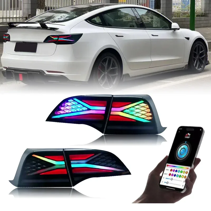 RGB Lights For Tesla Model 3 Y 2018 - 2023 X-men Led Taillights With Sequential Turn Signal Rear Lamp Assembly