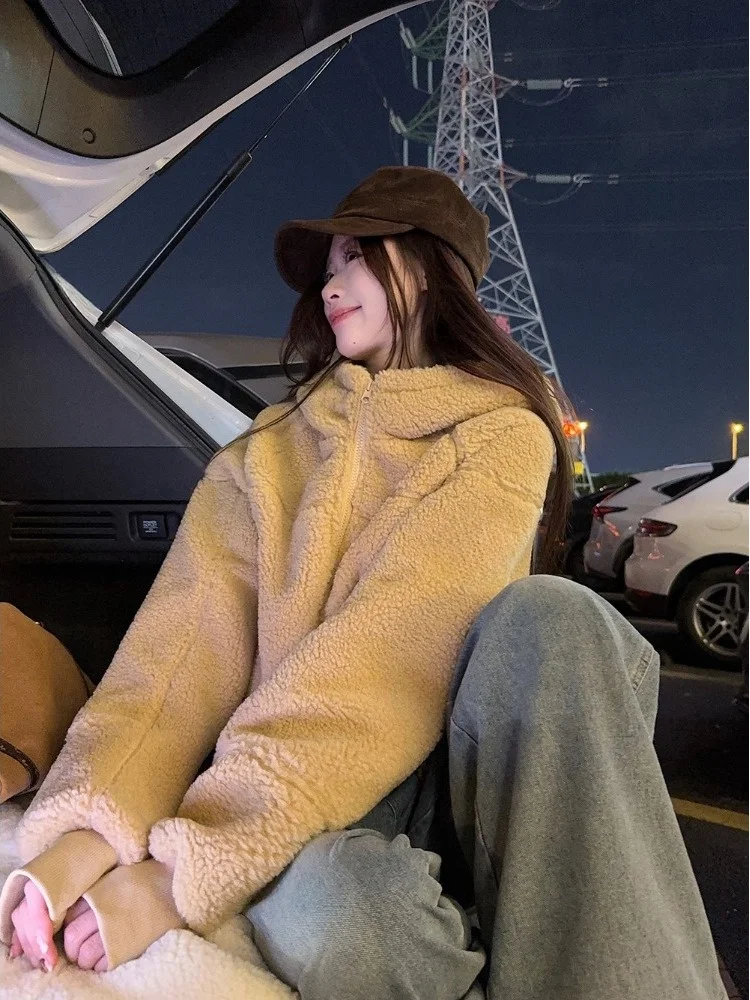 Damska zimowa ciepła kurtka z kapturem na zamek błyskawiczny, z białego aksamitu jagnięcego, uniwersalna, przeciwstarzeniowa, codzienna, do pracy.