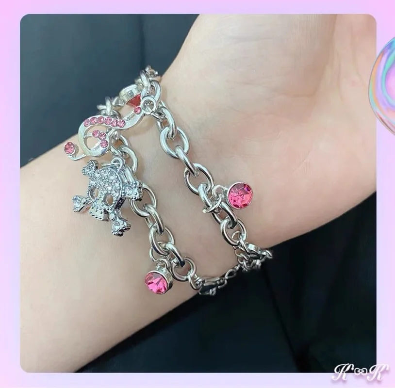 Y2K Accessories Pink Bowknot Rhinestone Skull Bracelet for Women Fashion Gothic Bone Thick Chain Charm Bracelet Harajuku Jewelry