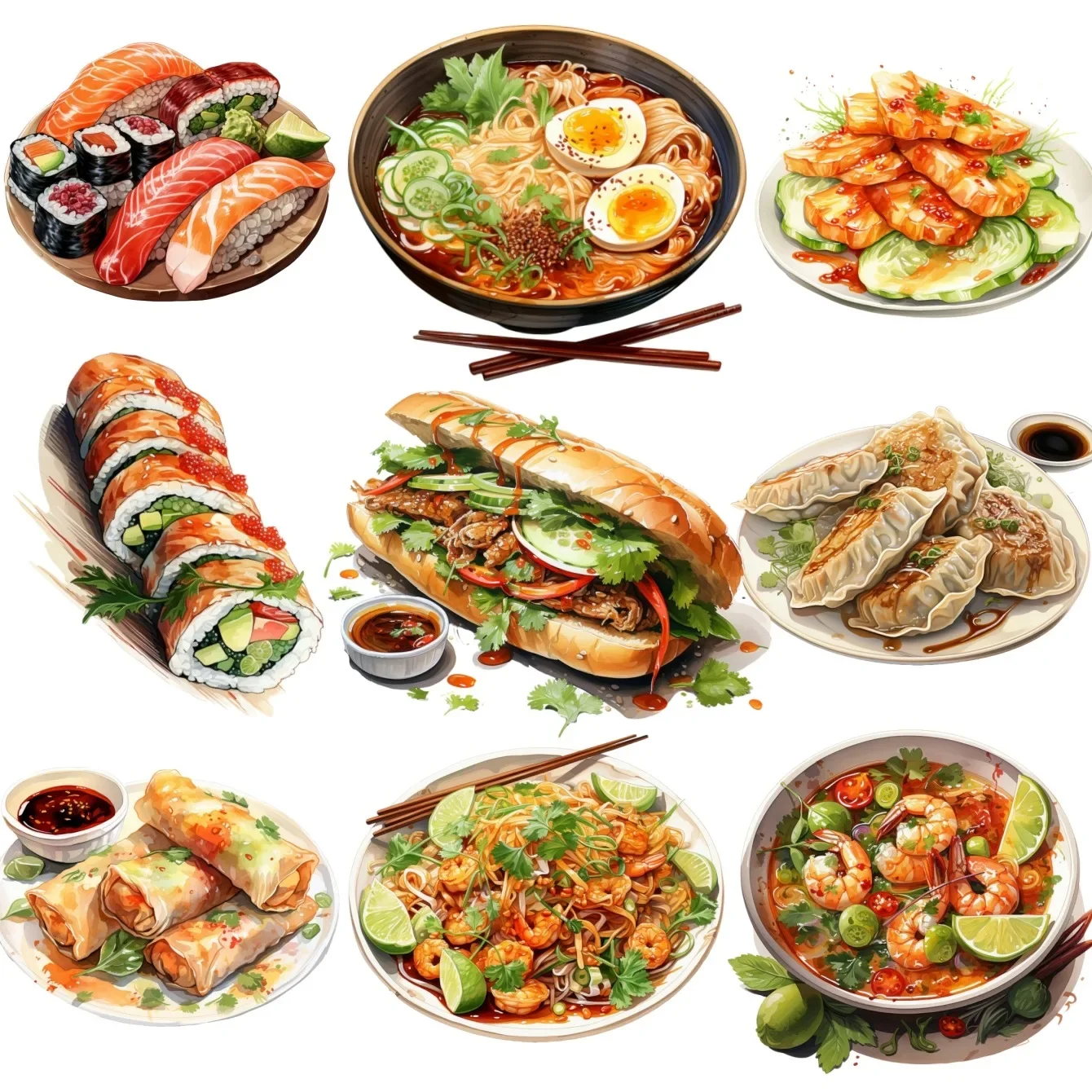 17 Stück süße selbstgemachte Aquarell-Lebensmittel-Sushi-Scrapbooking-Aufkleber für die südostasiatische Küche/dekorativ/DIY-Fotoalben zum Basteln