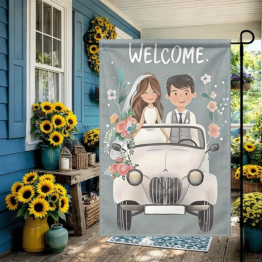 

1PC Welcome Wedding Bride Groom Car Print Garden Flag, Floral Decorative Outdoor Yard Flag, Rustic Wedding Par