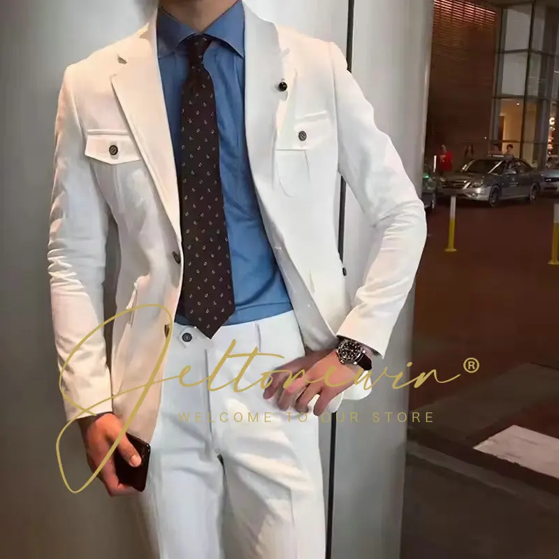 

White Casual Men Suits For Groomsmen 2 Piece Wedding Tuxedo With Notched Lapel Custom Man Fashion Costume Jacket With Pants