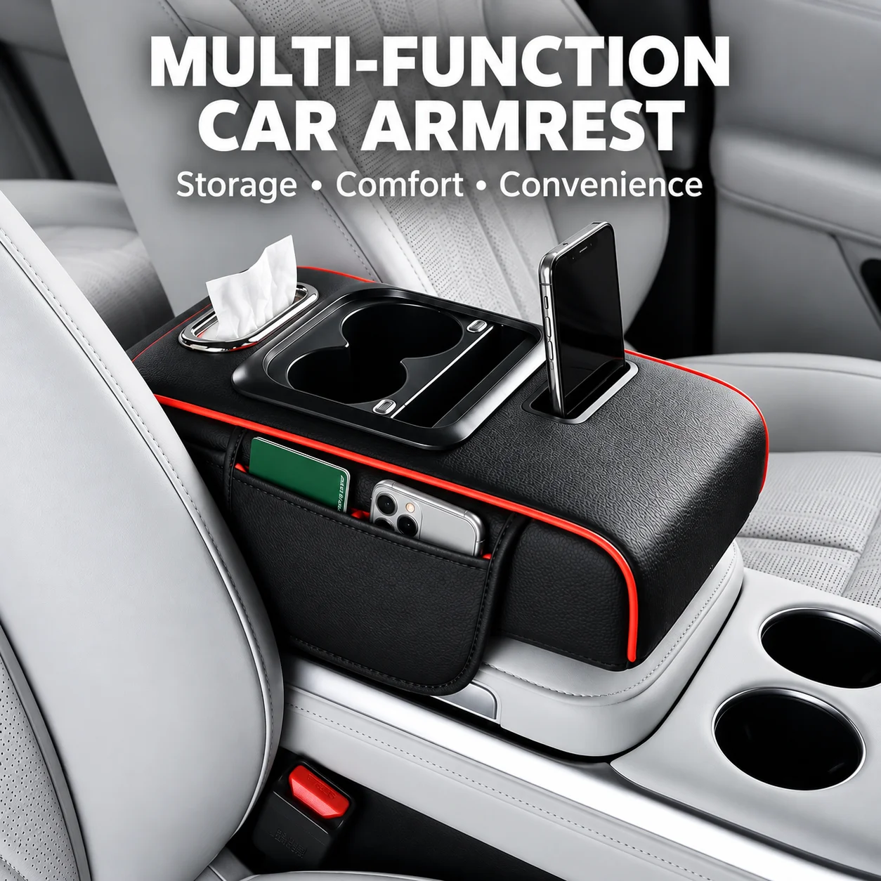 Multi-Function Car Armrest Box with USB Port, Center Console Storage Booster Pad with Tissue Box and Water Cup Holder Interior