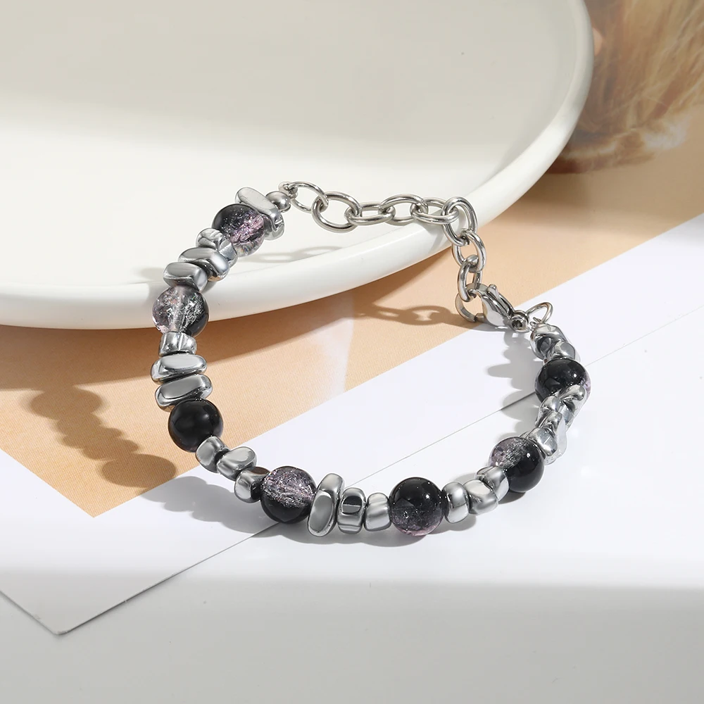 Adjustable Stainless Steel Chain Bracelet Amethyst Stone Beaded Bracelets for Women Pulseras jewellery Men bileklik accessories