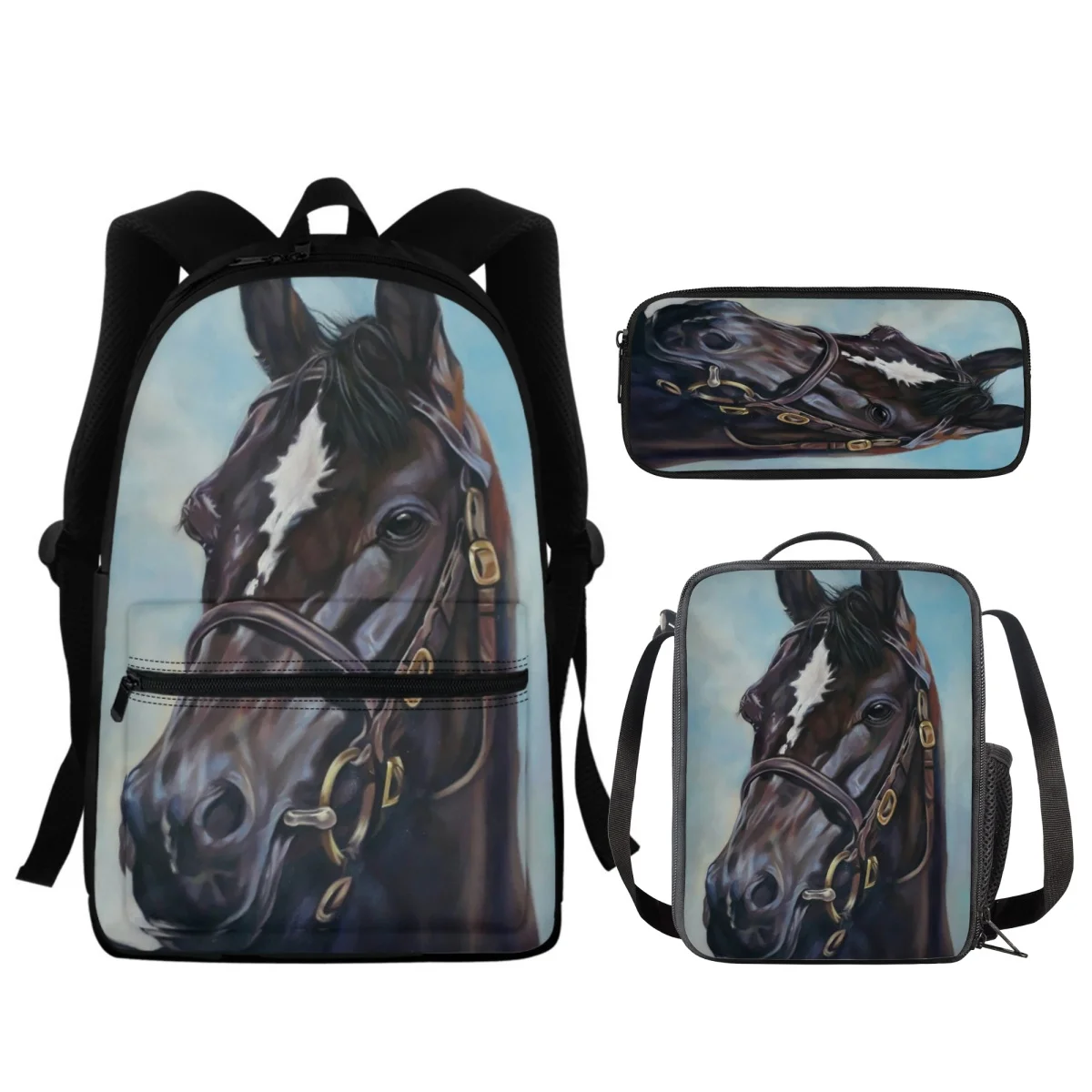 FORUDESIGNS Color Oil Painting Horse 3Pcs/Set Schoolbags Pencil Case School Supplies One Shoulder Fashionable Meal Bags Water