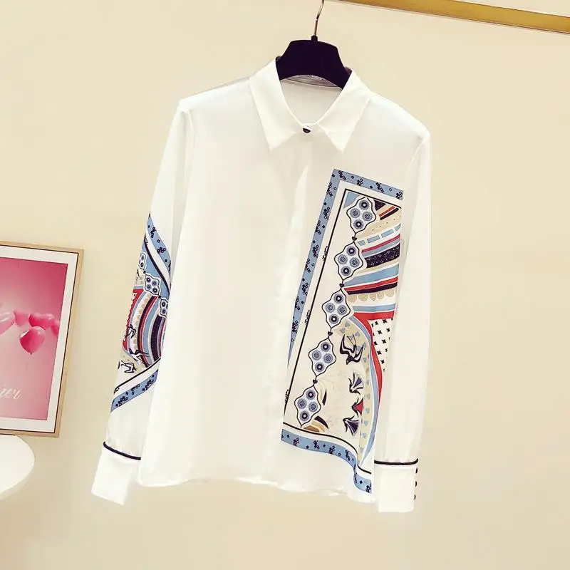 Spring Autumn Chiffon Polo Neck Shirts Pure White Loose Trend Office Lady Fashion Elegant Design Sense Long Sleeved Satin Blouse