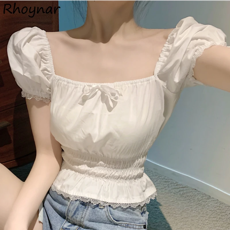 

Summer New Design Slim French Style Blouses Women All-match Sweet Elegant Square Collar Fashion Leisure Vintage Popular Cropped