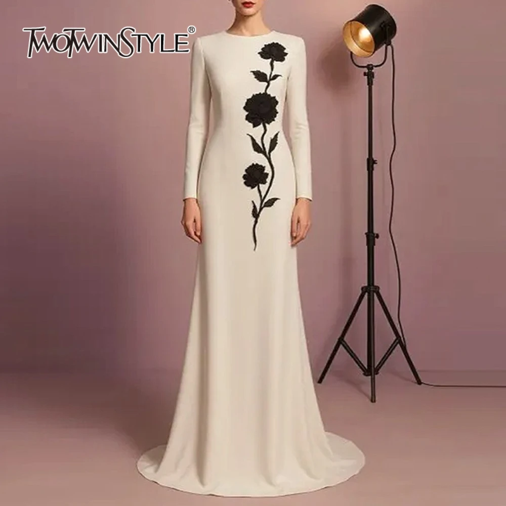 

TWOTWINSTYLE Элегантные платья для похудения с блестками и круглым вырезом, длинными рукавами, высокой талией, лоскутное платье из бисера, женское