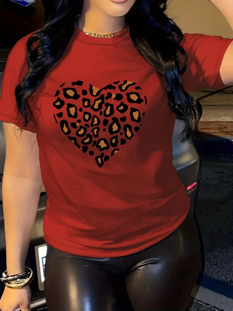 T-shirt z nadrukiem miłosnym, swobodny top z krótkim rękawem i okrągłym dekoltem na lato i wiosnę, odzież damska