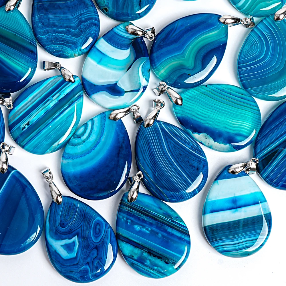40x30x7mm Blue Teardrop Agate Pendant Natural Agate Gemstone Charm for Necklace Serene Ocean Blue Stone Drop Jewelry Gift